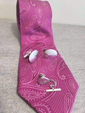 Michael Kors Purple Paisley Silk Tie Set with Cufflinks and Tie Pin